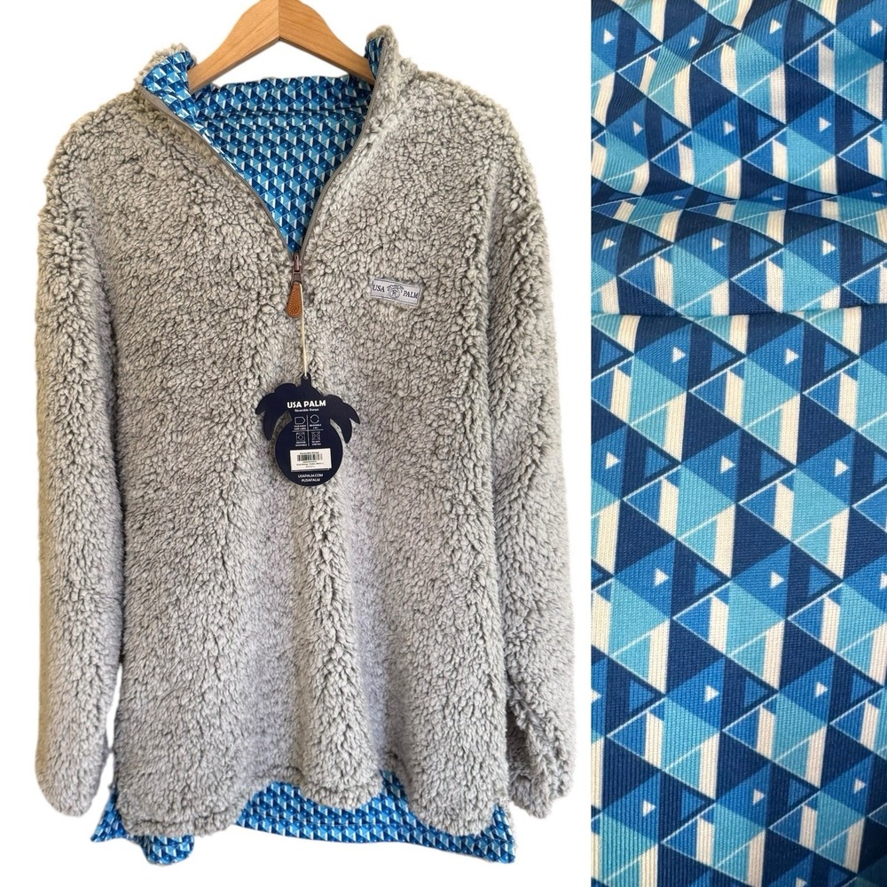 USA Palm Reversible Sherpa Pullover Men's Large Grey Blue Geometric SP0167-L NWT
